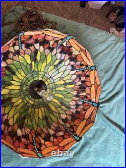 Vintage Large 22 Dragon Fly Tiffany Style Stained Glass Hanging Swag Lamp