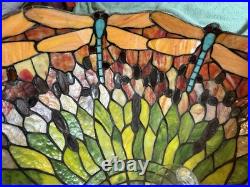 Vintage Large 22 Dragon Fly Tiffany Style Stained Glass Hanging Swag Lamp