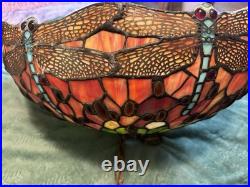 Vintage Large 22 Dragon Fly Tiffany Style Stained Glass Hanging Swag Lamp