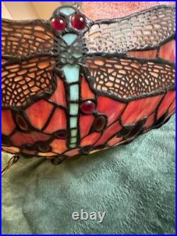 Vintage Large 22 Dragon Fly Tiffany Style Stained Glass Hanging Swag Lamp