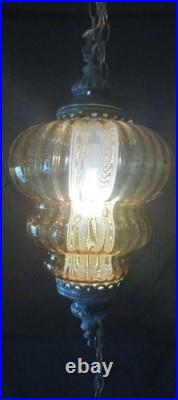 Vintage Large Amber Glass Globe Hanging Swag Lamp Light MCM 60S Ceiling With Chain
