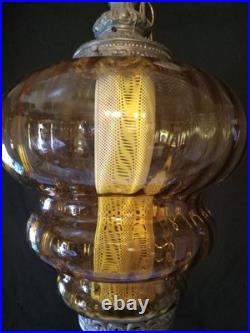 Vintage Large Amber Glass Globe Hanging Swag Lamp Light MCM 60S Ceiling With Chain