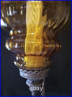 Vintage Large Amber Glass Globe Hanging Swag Lamp Light MCM 60S Ceiling With Chain