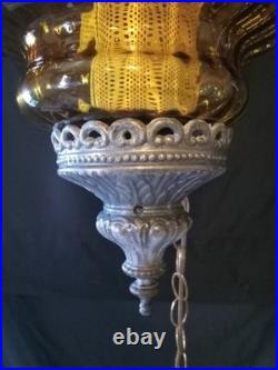 Vintage Large Amber Glass Globe Hanging Swag Lamp Light MCM 60S Ceiling With Chain