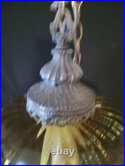 Vintage Large Amber Glass Globe Hanging Swag Lamp Light MCM 60S Ceiling With Chain