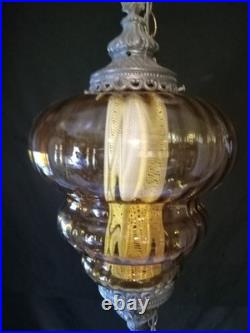 Vintage Large Amber Glass Globe Hanging Swag Lamp Light MCM 60S Ceiling With Chain
