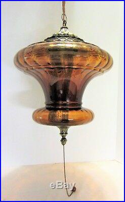 Vintage Large Amber Mid Century Hanging Swag Lamp w Diffuser