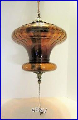 Vintage Large Amber Mid Century Hanging Swag Lamp w Diffuser