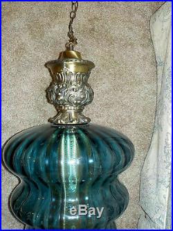 Vintage Large Beautiful Blue Glass Hanging Swag Lamp Light