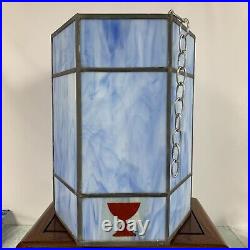 Vintage Large Blue Stained Glass Hanging Light Lamp Fixture