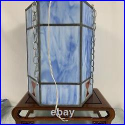 Vintage Large Blue Stained Glass Hanging Light Lamp Fixture