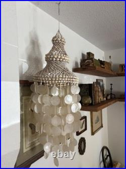 Vintage Large Capiz Shell Chandelier with Swag and Boho Style No Light