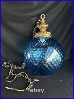 Vintage Large Globe Hanging Chain Swag Lamp Antique Gold Finish Blue Glass 17