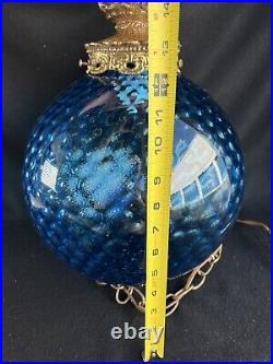 Vintage Large Globe Hanging Chain Swag Lamp Antique Gold Finish Blue Glass 17