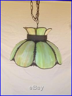 Vintage Large Green Stain Glass Hanging Lamp Light Fixture Cool! 18
