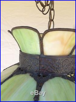 Vintage Large Green Stain Glass Hanging Lamp Light Fixture Cool! 18