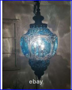 Vintage Large Hanging Blue Pendant Swag Lamp Hand Painted Mid Century Plug