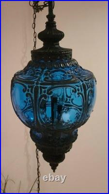 Vintage Large Hanging Blue Pendant Swag Lamp Hand Painted Mid Century Plug
