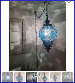 Vintage Large Hanging Blue Pendant Swag Lamp Hand Painted Mid Century Plug