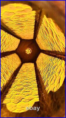 Vintage Large Hexagonal Wood With Amber Panels Hanging Swag Lamp 25