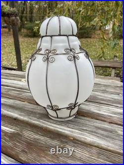 Vintage Large Iron Caged Venetian Frosted Glass Hanging Lamp Shade 15