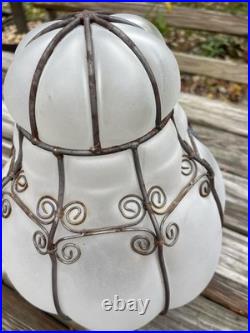 Vintage Large Iron Caged Venetian Frosted Glass Hanging Lamp Shade 15