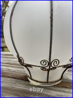 Vintage Large Iron Caged Venetian Frosted Glass Hanging Lamp Shade 15