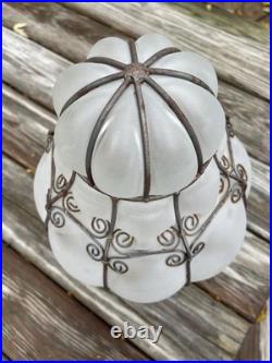 Vintage Large Iron Caged Venetian Frosted Glass Hanging Lamp Shade 15