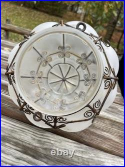 Vintage Large Iron Caged Venetian Frosted Glass Hanging Lamp Shade 15