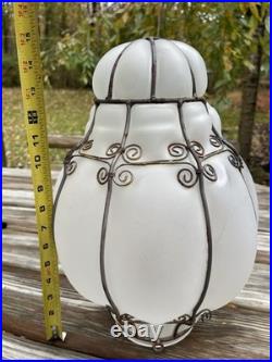 Vintage Large Iron Caged Venetian Frosted Glass Hanging Lamp Shade 15