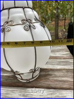Vintage Large Iron Caged Venetian Frosted Glass Hanging Lamp Shade 15