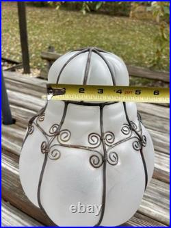 Vintage Large Iron Caged Venetian Frosted Glass Hanging Lamp Shade 15