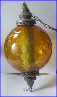 Vintage Large MCM Round Amber Glass Swag Lamp With Diffuser Circles Corded