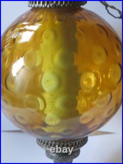 Vintage Large MCM Round Amber Glass Swag Lamp With Diffuser Circles Corded