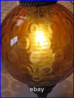 Vintage Large MCM Round Amber Glass Swag Lamp With Diffuser Circles Corded