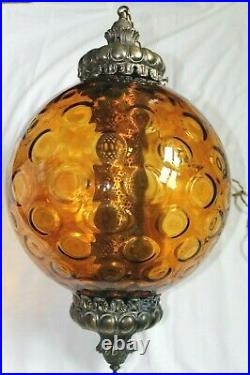 Vintage Large Mid Century Amber Glass Swag Hanging Light Lamp