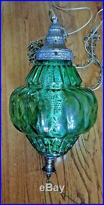 Vintage Large Mid Century Green Glass Swag Hanging Light Lamp