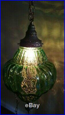 Vintage Large Mid Century Green Glass Swag Hanging Light Lamp