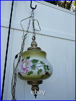 Vintage Large Mid-Century Swag hanging Lamp green With Floral Motif and Brass