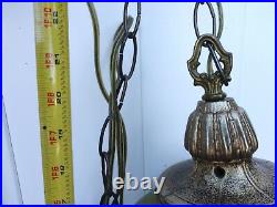 Vintage Large Mid-Century Swag hanging Lamp green With Floral Motif and Brass