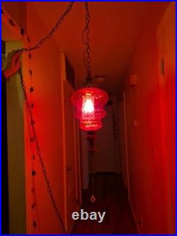 Vintage Large Red Ruby Glass Swag Lamp Hanging Light MCM Gothic Plug-In