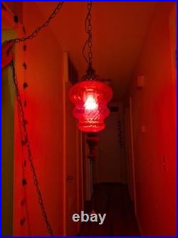 Vintage Large Red Ruby Glass Swag Lamp Hanging Light MCM Gothic Plug-In