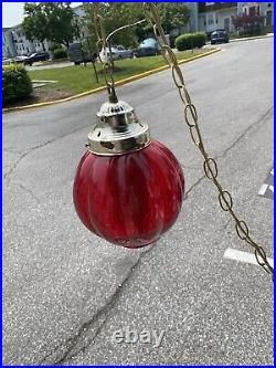Vintage Large Round Red Globe MCM Hanging Ceiling Swag Light Pendant Lamp