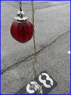 Vintage Large Round Red Globe MCM Hanging Ceiling Swag Light Pendant Lamp