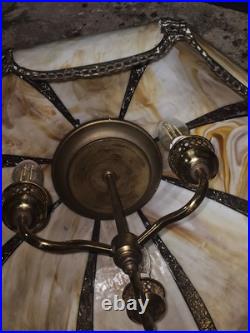 Vintage Large Tulip Honey Slag Glass Hanging Lamp Functional Ornate floral brass