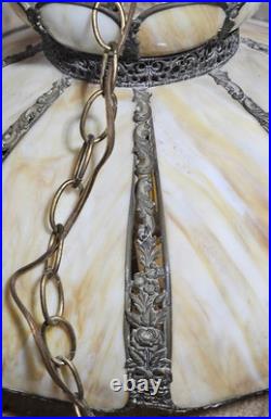 Vintage Large Tulip Honey Slag Glass Hanging Lamp Functional Ornate floral brass