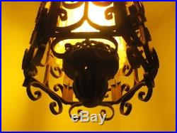 Vintage Large Wrought Iron Spanish Medieval Gothic Hanging Swag Lamp Light Amber
