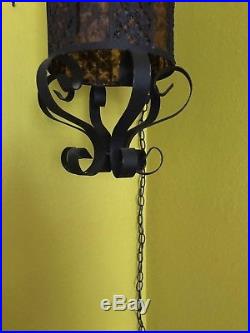 Vintage Large Wrought Iron Spanish Medieval Gothic Hanging Swag Lamp Light Amber