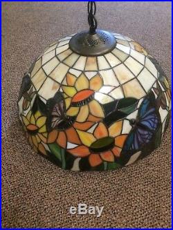 Vintage Leaded Glass Hanging Lamp Sunflowers Butterflies Tan Tiffany style
