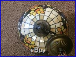 Vintage Leaded Glass Hanging Lamp Sunflowers Butterflies Tan Tiffany style